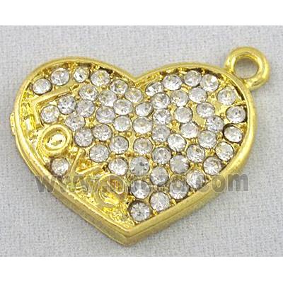 alloy pendant with rhinestone, heart, gold