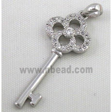 Zircon, copper pendant, key, platinum plated