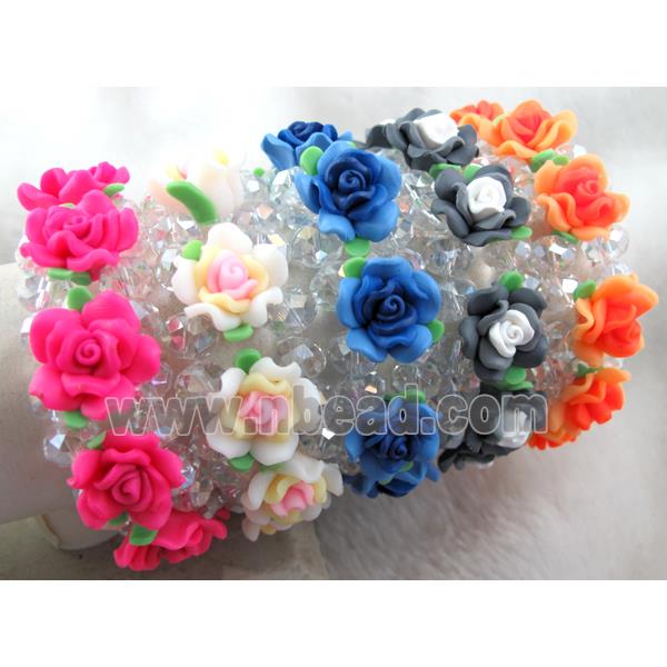 fimo clay bracelet with crystal glass, stretchy, mixed color