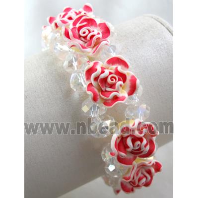 fimo clay bracelet with crystal glass, stretchy, red