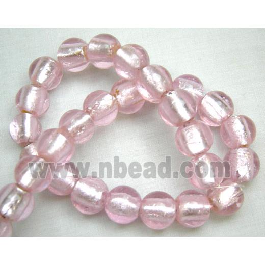 Silver Foil Glass Beads, Round, Pink