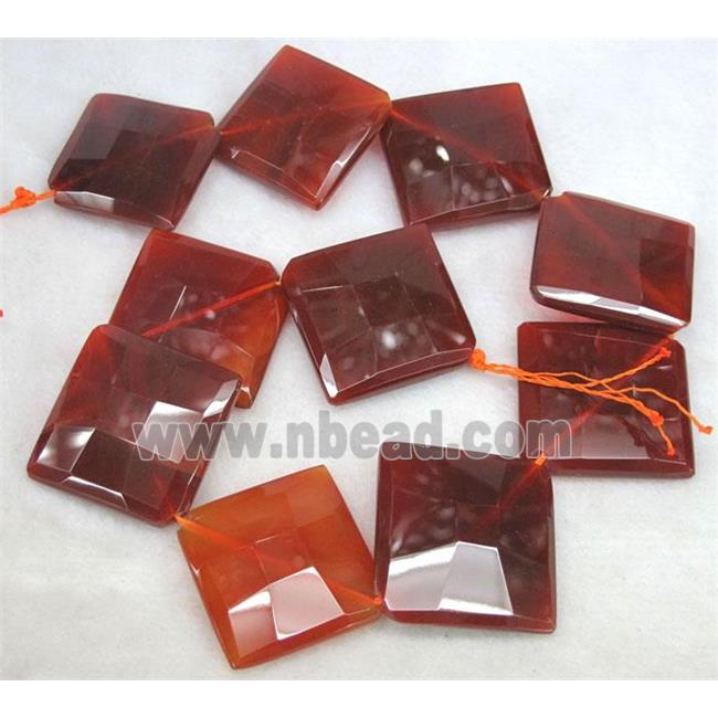 red carnelian agate beads, faceted corner-drilled square