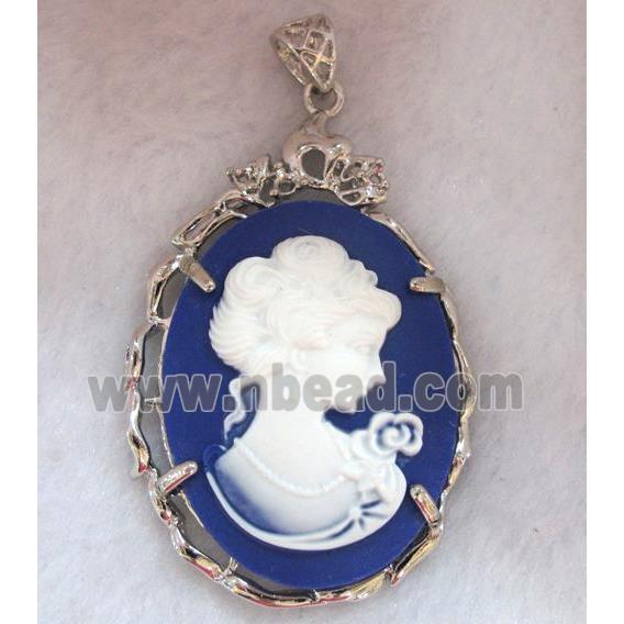 Victorian Lady Portrait Cameo resin pendant, platinum plated