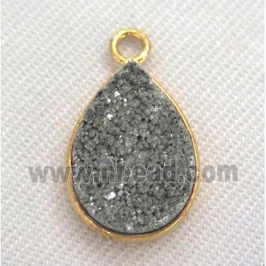 druzy quartz connector, teardrop, silver electroplated