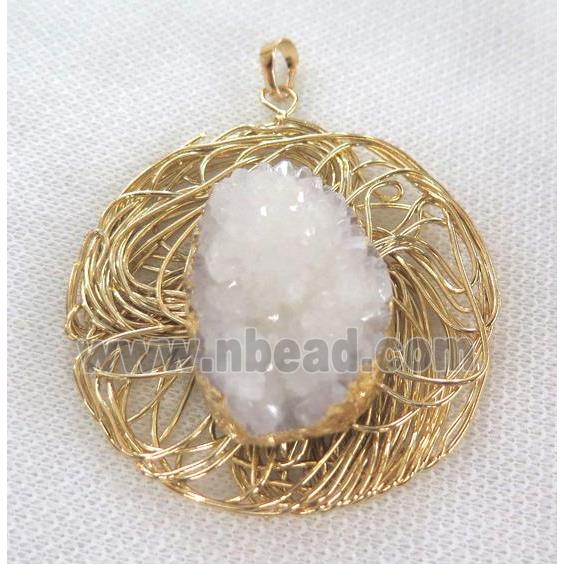 white druzy quartz pendant, gold plated