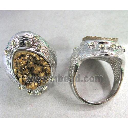 gold electroplated druzy agate ring, teardrop