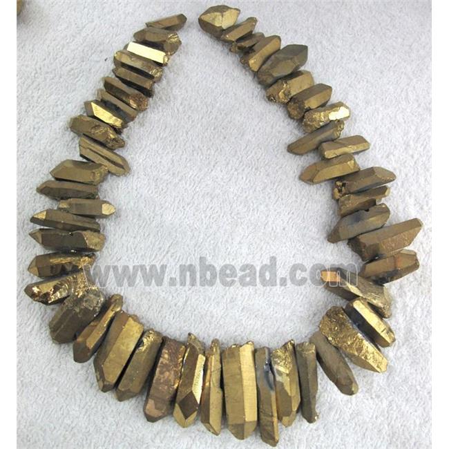 clear quartz stick bead, freeform, gold electroplated