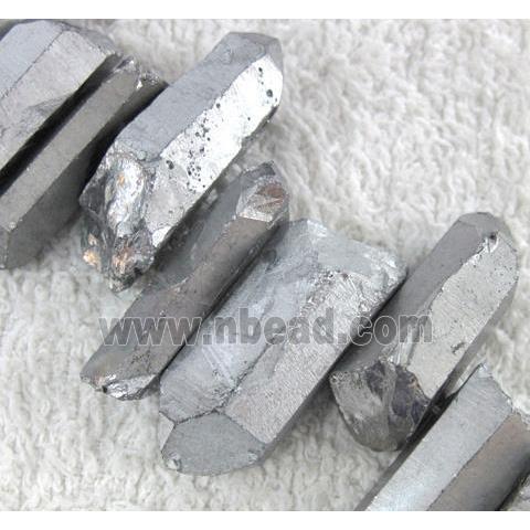 clear quartz stick bead, freeform, silver electroplated