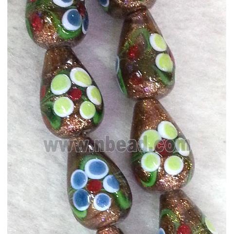 lampwork bead with flower and goldsand, teardrop