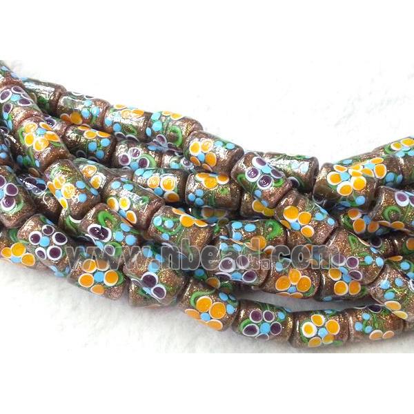 lampwork bead with flower and goldsand, round tube