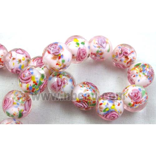lampwork glass beads, flower, round, pink