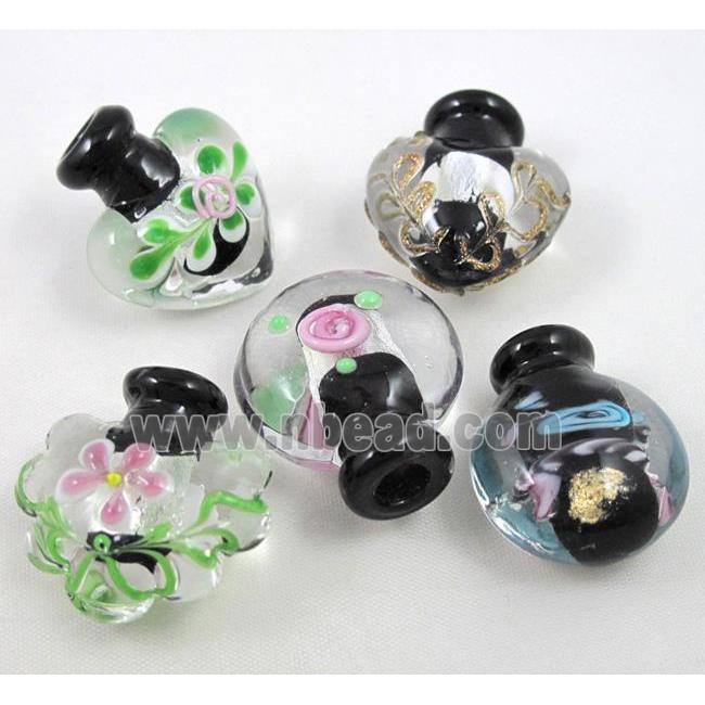 black glass lampwork bottle pendant, mixed shaped