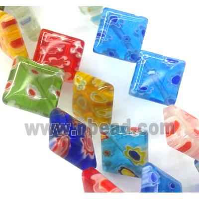 Millefiori glass bead, square, corner-drilled, mixed
