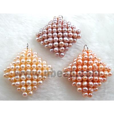 freshwater pearl pendant, cluster, square, handcraft, mixed color