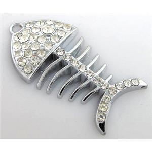 Fish skeleton, alloy pendant with rhinestone, platinum plated, 25x50mm