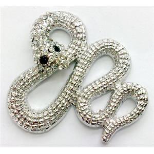 bracelet connector, alloy with mid-east Rhinestone, snake, platinum plated, 38x36mm