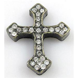 bracelet bar, cross with rhinestone, alloy bead, bronze, 30x36mm