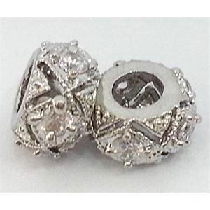 copper bead with zircon, platinum plated, 10mm dia, 4mm hole