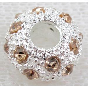 alloy bead with rhinestone, silver plated, 10-11mm dia, hole:5mm