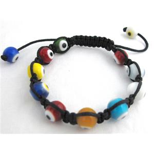 lampwork glass bracelet, evil eye, resizable, colorful, 10mm bead, 8 inch length
