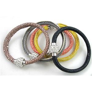 bracelet with leather cord, rhinestone Magnetic Clasp, mixed, approx 6mm dia, 21cm length