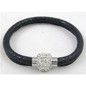 bracelet with leather cord, rhinestone Magnetic Clasp, black, approx 6mm dia, 21cm length