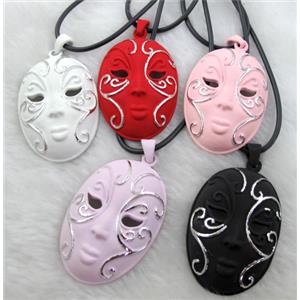 mixed lacquered mask Necklace, alloy, rubber cord, 32x55mm, 16 inch length, mix