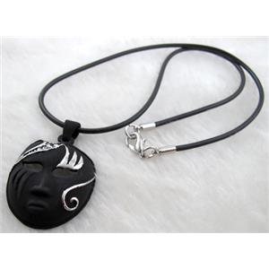 lacquered mask Necklace, alloy, rubber cord, black, 30x42mm, 16 inch length