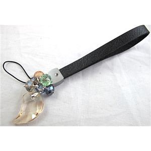 Mobile phone rope, String hanger PU leather, Crystal Pendant, 14cm(5.5 inch ) length, glass bead:8mm