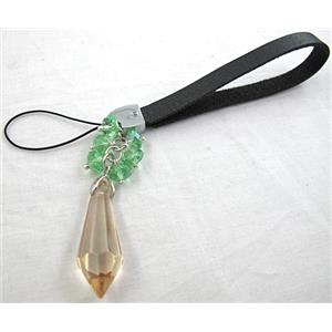 Mobile phone rope, String hanger PU leather, Crystal Pendant, 14cm(5.5 inch ) length, glass bead:8mm