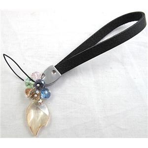 Mobile phone rope, String hanger PU leather, Crystal Pendant, 14cm(5.5 inch ) length, glass bead:8mm