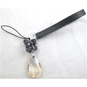 Mobile phone rope, PU leather, Crystal Faceted Drop, 14cm(5.5 inch ) length, glass bead:8mm