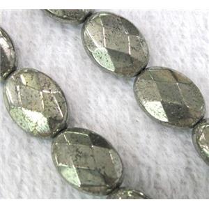 natural Pyrite Beads, faceted flat-oval, approx 8x10mm, 15.5 inches length