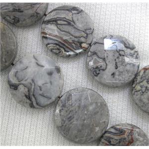 grey picture jasper beads, faceted flat-round, approx 14mm dia