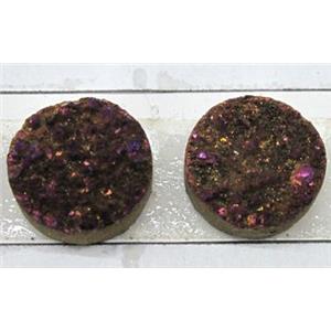 quartz druzy cabochon, flat-round, purple electroplated, approx 16mm dia