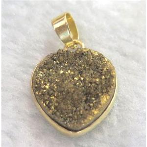 golden druzy quartz pendant, heart, approx 14mm