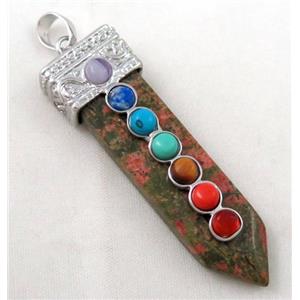 Unakite Chakra pendant, bullet, paved gems, approx 16x55mm