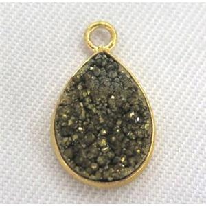 druzy quartz pendant, teardrop, gold plated, approx 10-15mm