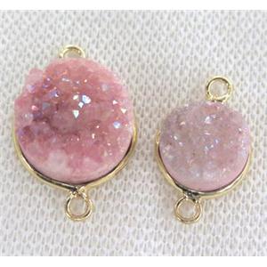 pink druzy quartz connector, flat-round, approx 10-14mm