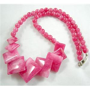 Jade Necklace, square, hot pink, 16 inch, 16 inchlength, big square:21mm, round beads:6mm dia
