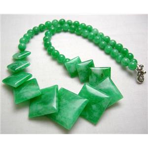 Green Jade Necklace, square, 16 inch, 40cm length, big square:21mm, round beads:6mm dia