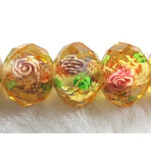 Lampwork Glass bead, faceted wheel, flower, yellow, 9x12mm
