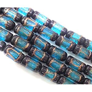 glass lampwork beads with goldsand, tube, blue, approx 8x16mm