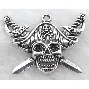 Pirates Charms, Tibetan Silver Skull Pendant non-nickel, 45x35mm