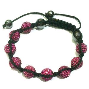 Bracelet, fimo polymer clay beads paved mid-east rhinestone, hotpink, 10mm dia, approx 7-9 Inch length