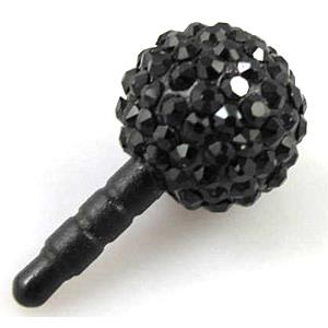 Earphone Jack Dust Cap Plug, fimo with mideast rhinestone, black, 10mm dia,22mm length
