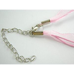 Waxed Necklace Cord, Ribbon, lobster clasp, Pink, 16 inch length, ribbon:9mm,waxed wire:1mm
