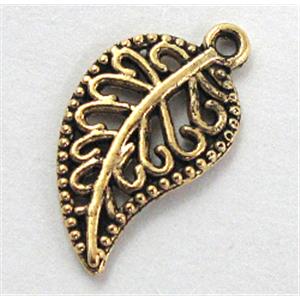 Tibetan Silver leaf pendant, lead free and nickel free, antique gold, 10.2x19.5mm