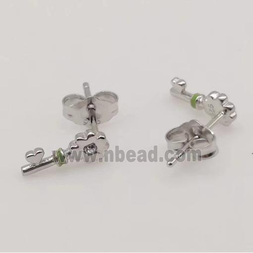 sterling silver Earring studs, key charm, enamel