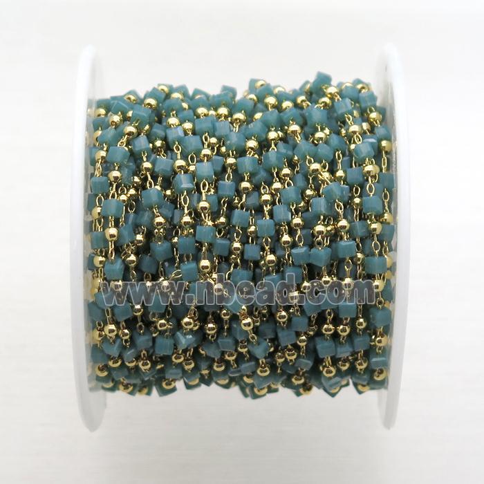 copper chain with green crystal glass cube beads, gold plated
